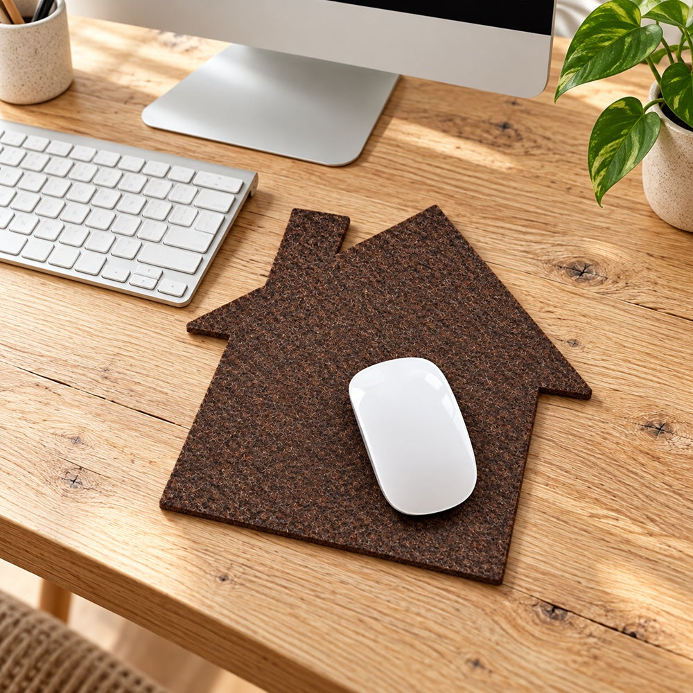 Hausförmiges, gelasertes Mousepad aus 4 mm VIOLAN Filz mit 28 cm Größe und weißer Computermaus.