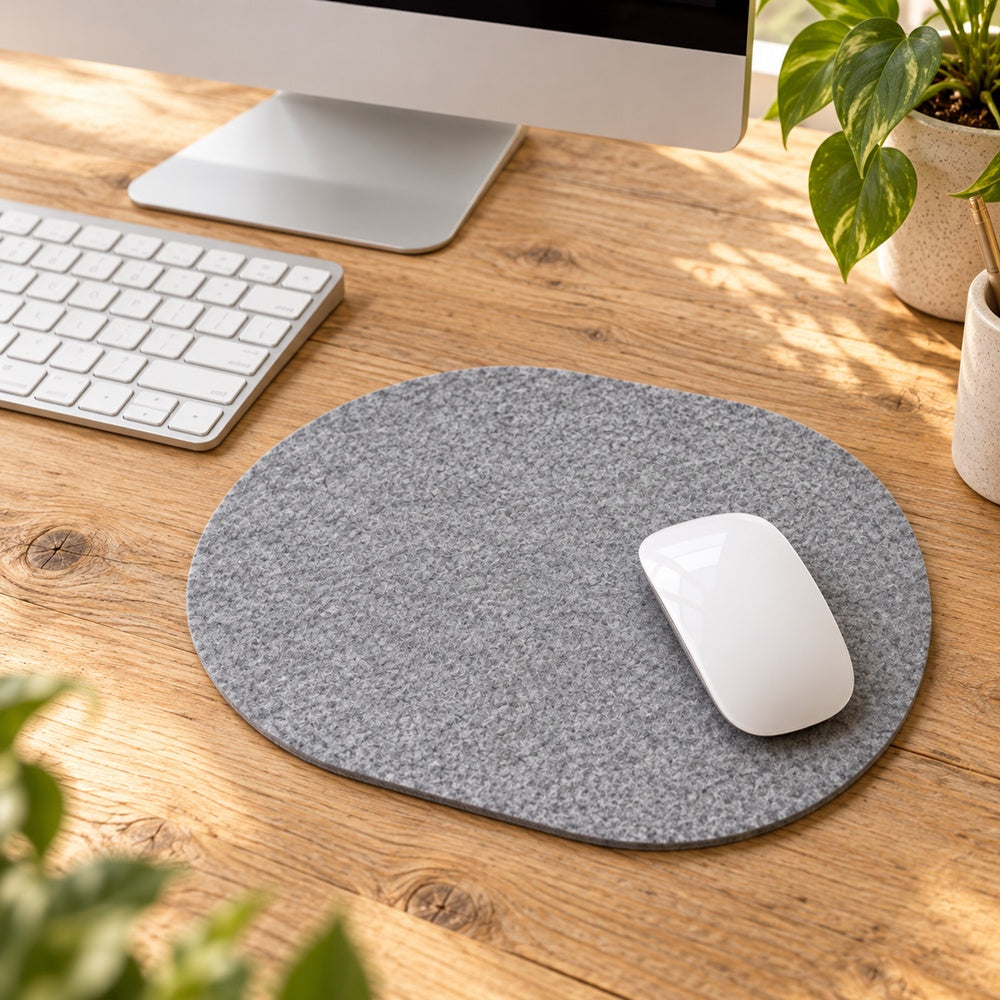 Ovales, gelasertes Mousepad aus 4 mm VIOLAN Filz in 30 x 25 cm mit weißer Computermaus.