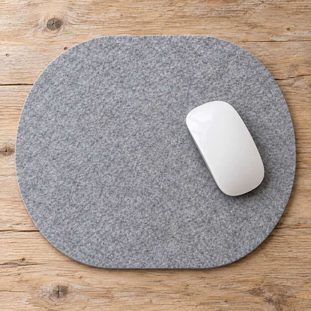 Ovales, gelasertes Mousepad aus 4 mm VIOLAN Filz in 30 x 25 cm mit weißer Computermaus.
