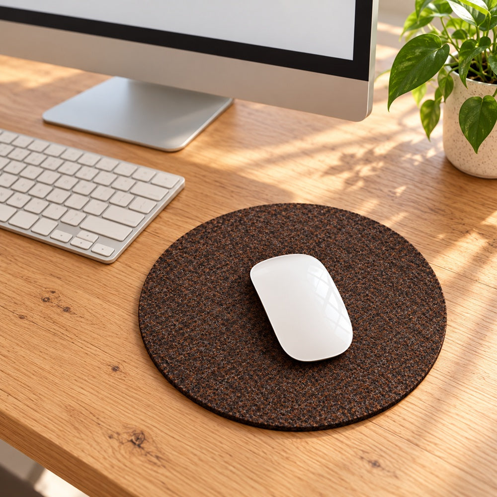 Rundes, gelasertes Mousepad aus dunkelbraun-meliertem 4 mm VIOLAN Filz mit 28 cm Durchmesser auf einem Holzschreibtisch mit weißer Computermaus