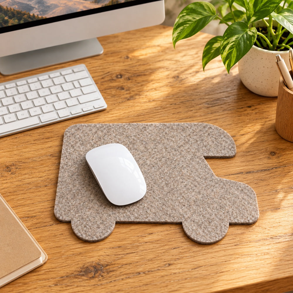 Wohnmobilförmiges, gelasertes Mousepad aus 4 mm VIOLAN Filz in 30 x 25 cm mit weißer Computermaus.