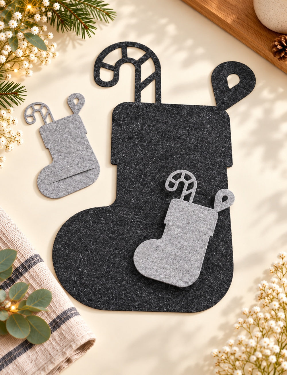 VIOLAN Filz Nikolausstiefel in Anthrazit-meliert und Silbergrau-meliert als Weihnachtsuntersetzer und Bestecktasche mit gelaserter Zuckerstange auf festlich dekoriertem Tisch.