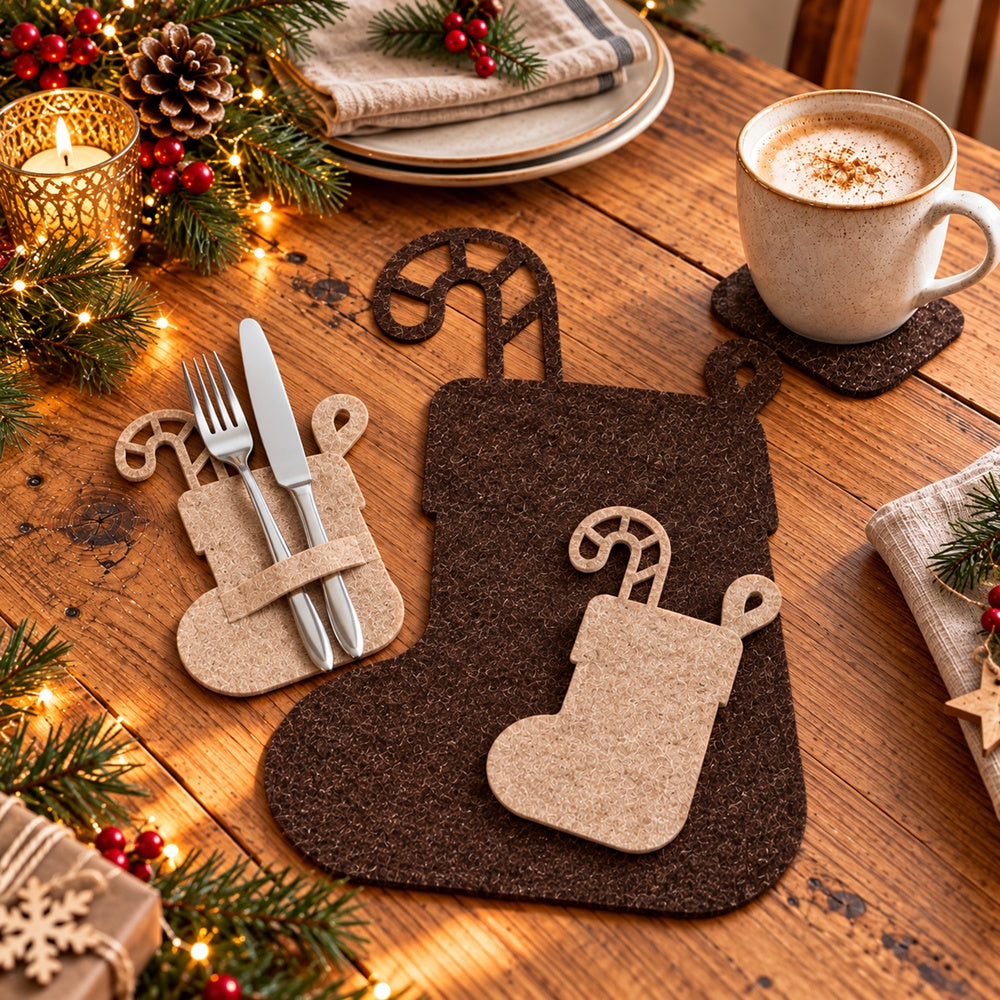 VIOLAN Filz Nikolausstiefel in Anthrazit-meliert und Silbergrau-meliert als Weihnachtsuntersetzer und Bestecktasche mit gelaserter Zuckerstange auf festlich dekoriertem Tisch.