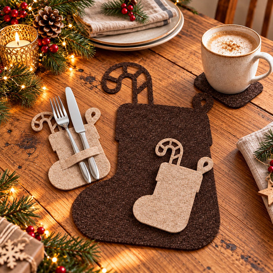 VIOLAN Filz Nikolausstiefel in Anthrazit-meliert und Silbergrau-meliert als Weihnachtsuntersetzer und Bestecktasche mit gelaserter Zuckerstange auf festlich dekoriertem Tisch.