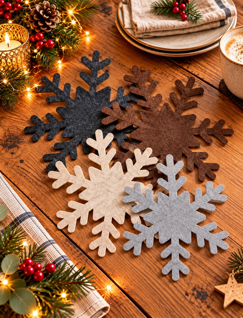 Vier VIOLAN Filzuntersetzer in Schneeflockenform aus 4 mm Filz in Anthrazit, Dunkelbraun, Natur und Silbergrau als winterliche Tischdekoration.