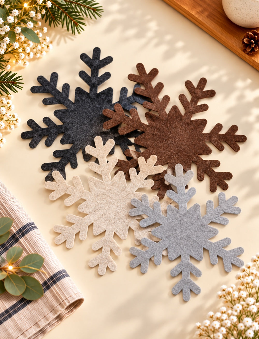 Vier VIOLAN Filzuntersetzer in Schneeflockenform aus 4 mm Filz in Anthrazit, Dunkelbraun, Natur und Silbergrau als winterliche Tischdekoration.