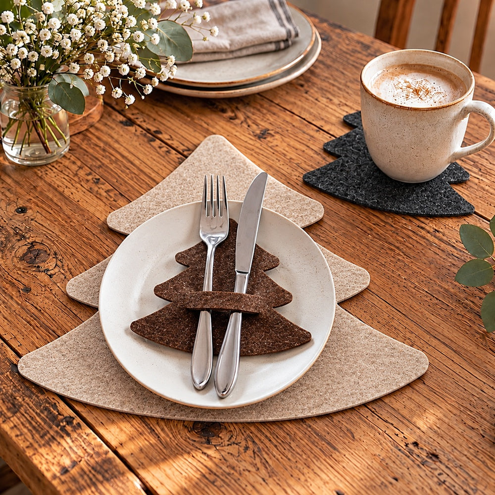 VIOLAN Filzuntersetzer in Tannenbaumform aus 4 mm meliertem Filz in Anthrazit, Dunkelbraun und Natur auf einem weihnachtlich dekorierten Holztisch.
