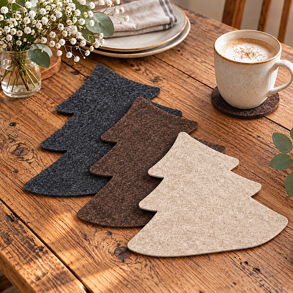 VIOLAN Filzuntersetzer in Tannenbaumform aus 4 mm meliertem Filz in Anthrazit, Dunkelbraun und Natur auf einem weihnachtlich dekorierten Holztisch.