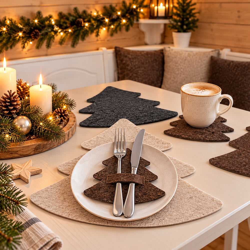 VIOLAN Filzuntersetzer in Tannenbaumform aus 4 mm meliertem Filz in Anthrazit, Dunkelbraun und Natur auf einem weihnachtlich dekorierten Holztisch.